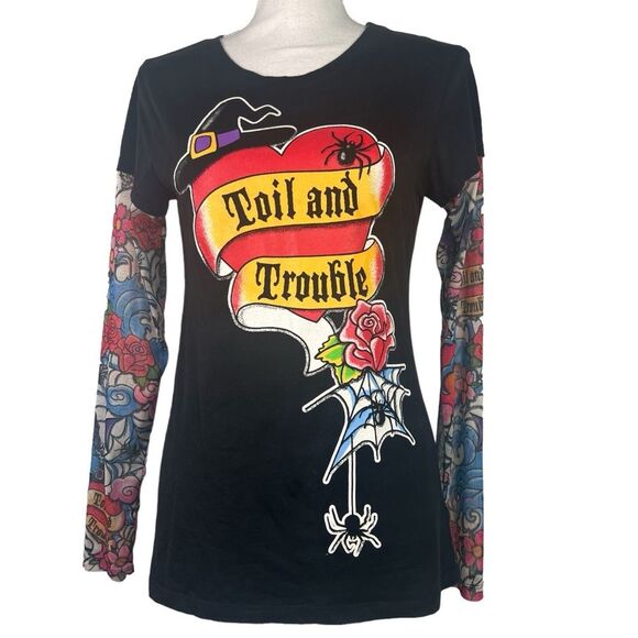 Halloween Tattoo Sleeves Long Sleeve T-Shirt Toil & Trouble Large Spider Witch - Picture 1 of 8
